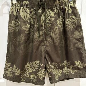 Sand and Surf Brown and Green Leaf Print Swimming Trunks